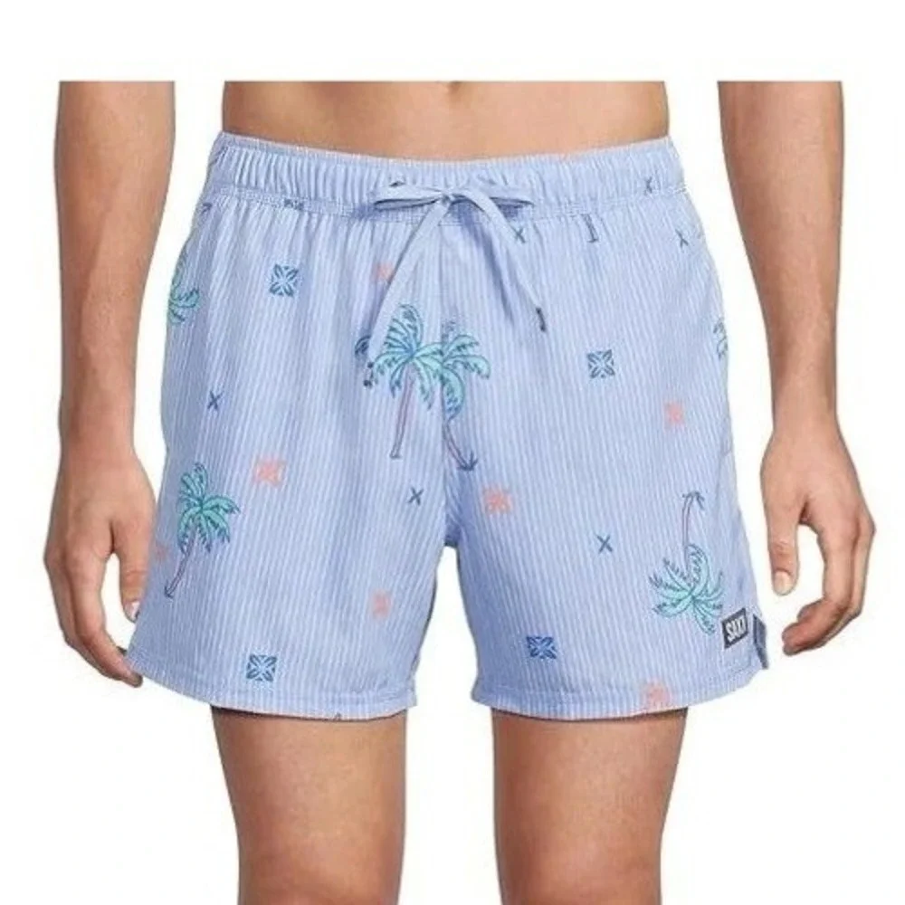 Saxx Swim Shorts Mens Large Blue Striped Oh Buoy 2N1 BallPark Pouch Palm Tree